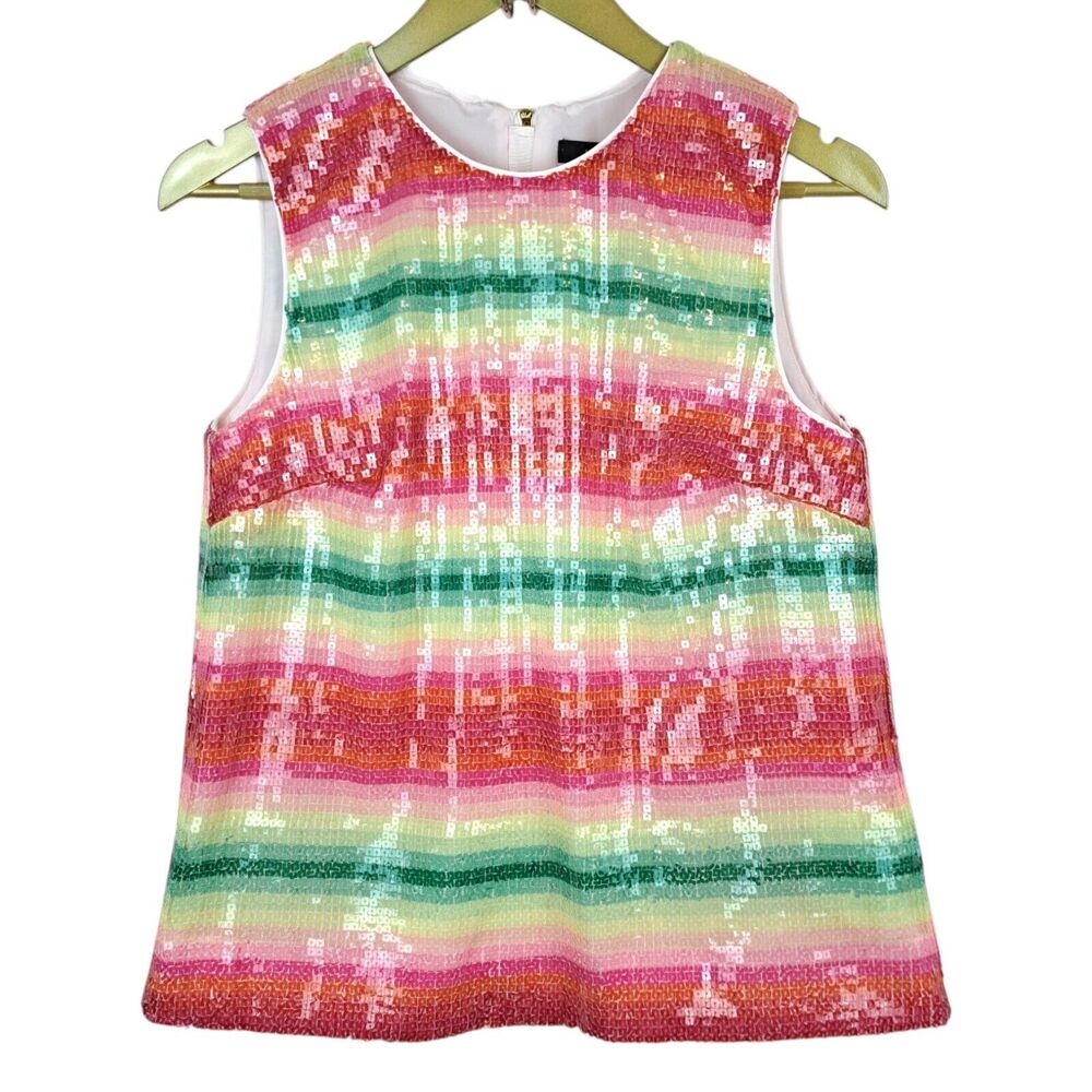 J Crew Watermelon Stripe Full Sequin Tank Sleeveless Top Size XS Bright